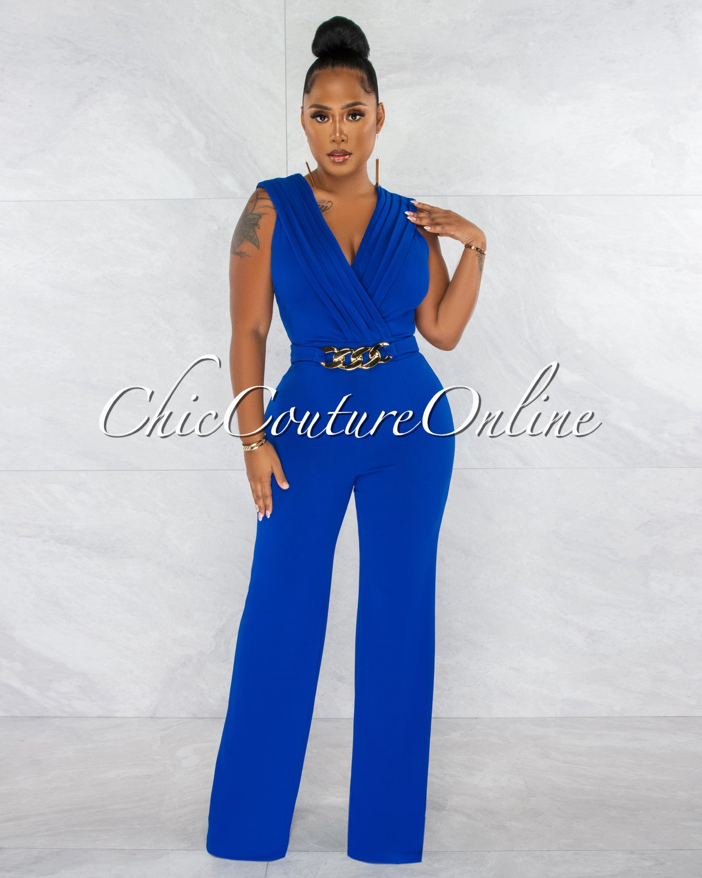 *Aimee Royal Blue Pleated Bust Gold Link Jumpsuit