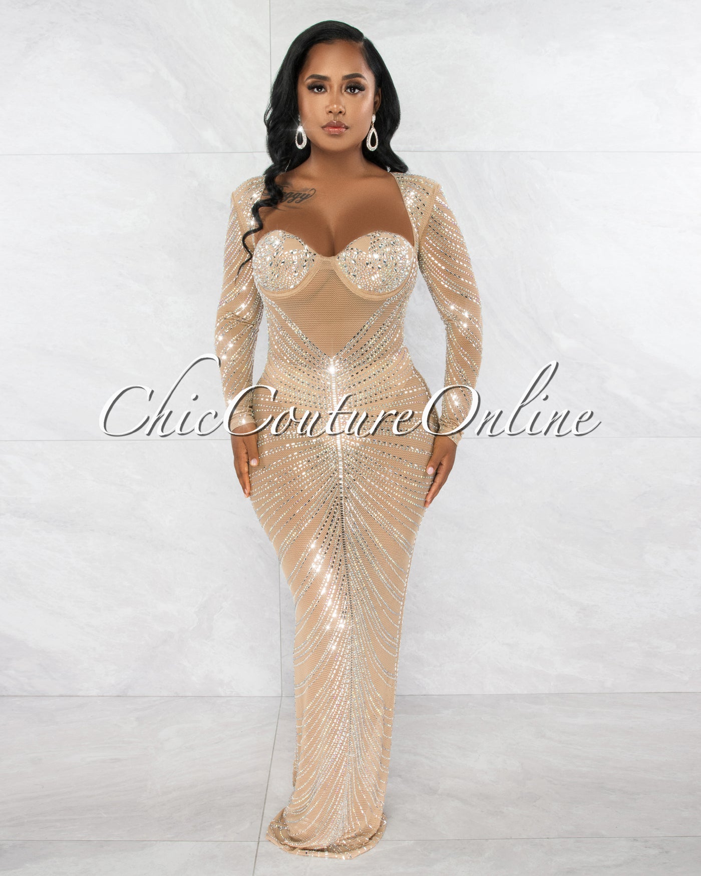 *Corlette Nude Mesh Sheer Rhinestones Long Sleeves Maxi Dress