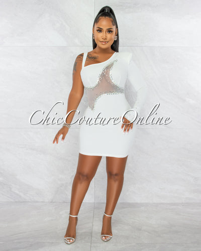 Ymara Off-White Silver Rhinestones Mesh Accent Mini Dress