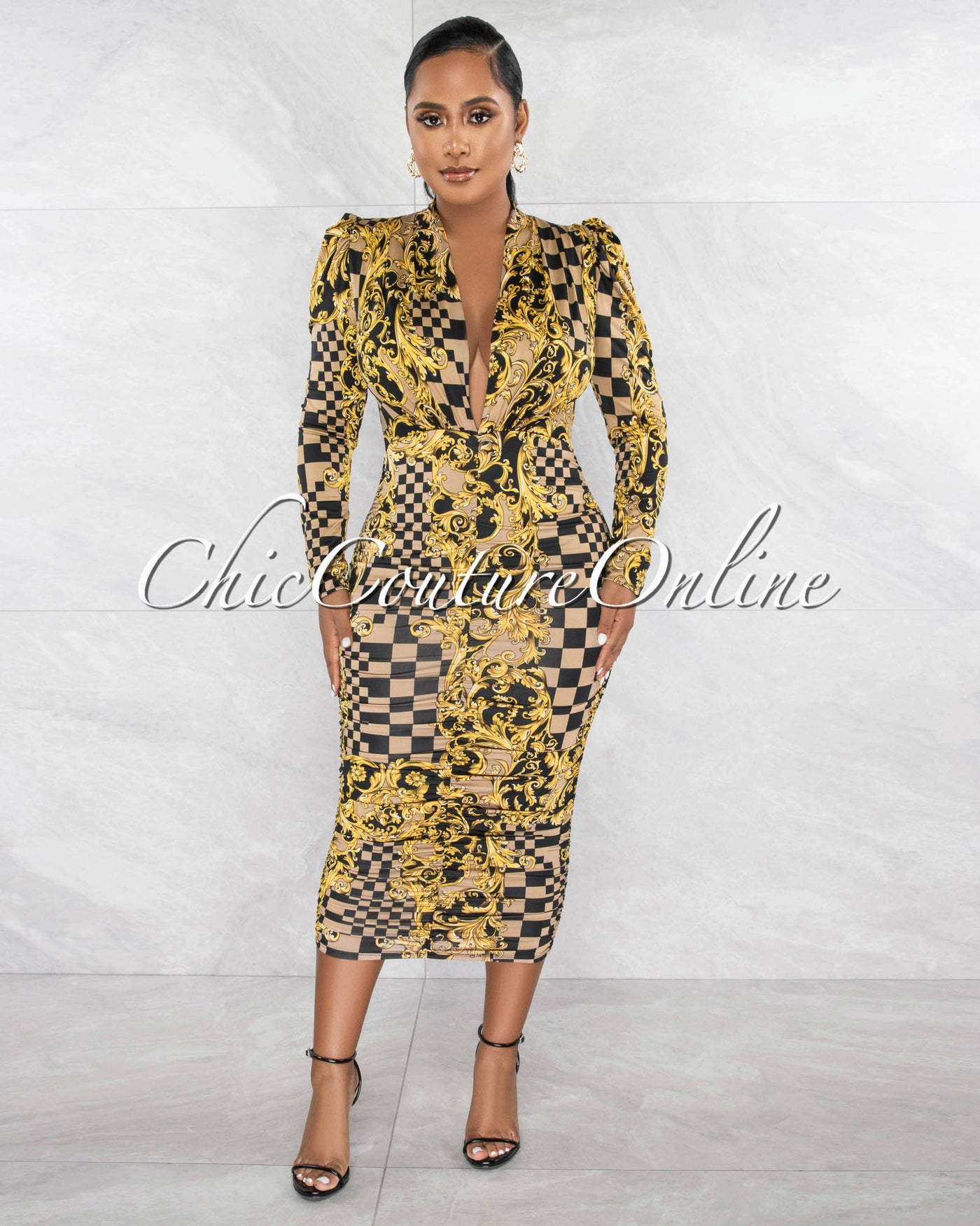 Isana Brown Gold Print Deep V-Neck Ruched Midi Dress