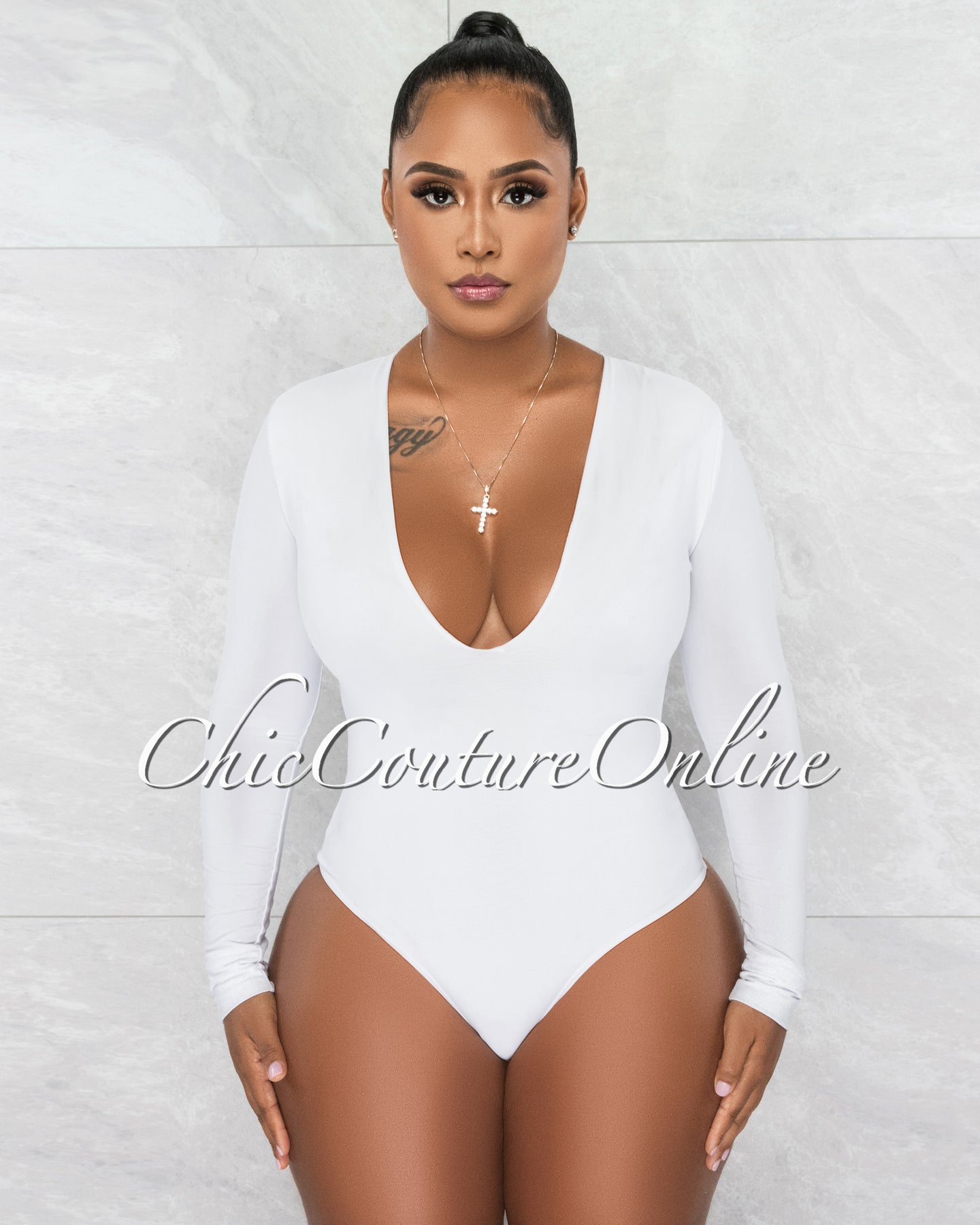 *Nilam White Depp V Neck Long Sleeves Bodysuit
