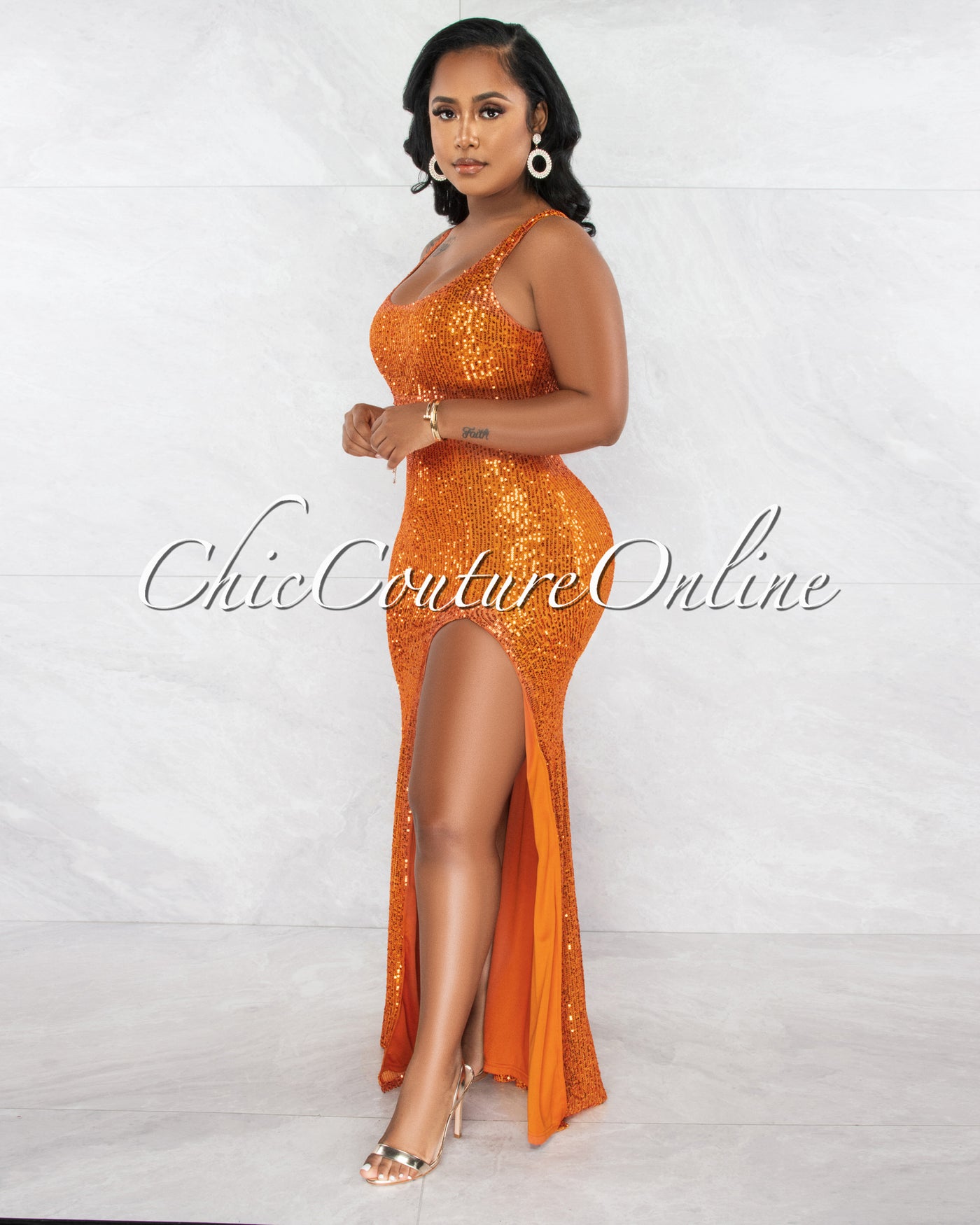Vivenzio Orange Sequins Slit Maxi Dress