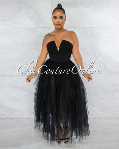 *Odalys Black Strapless Tulle Ruffle Bodysuit Dress