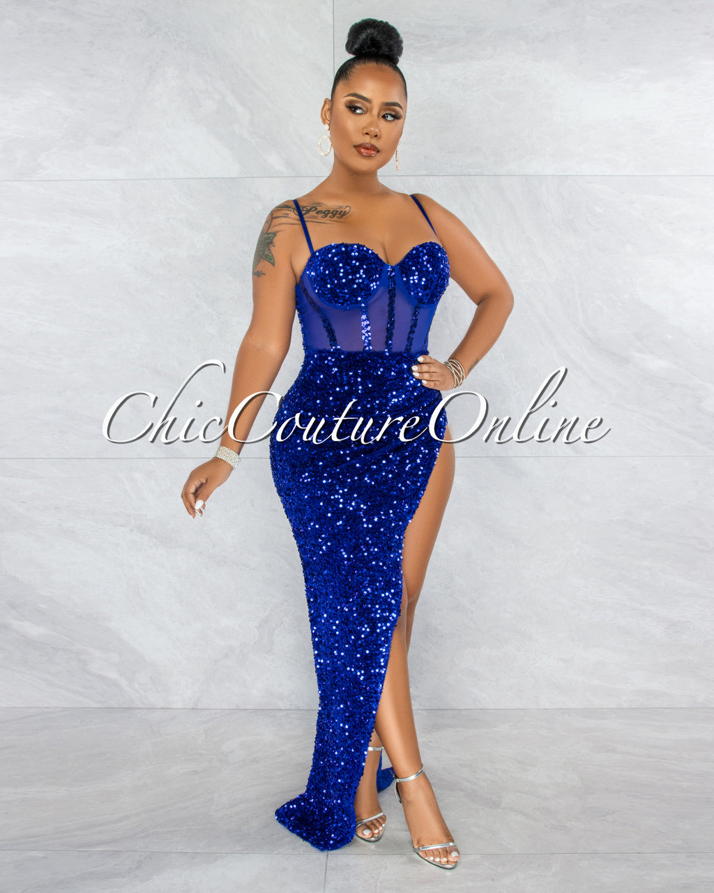 Melisia Royal Blue Mesh Sequins Velvet Maxi Bodysuit Dress
