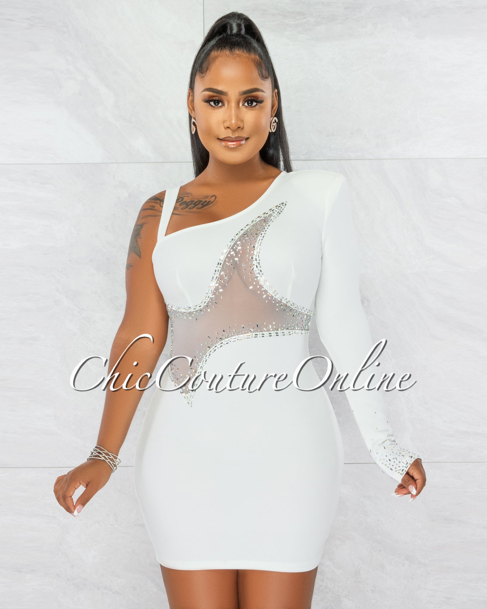 Ymara Off-White Silver Rhinestones Mesh Accent Mini Dress