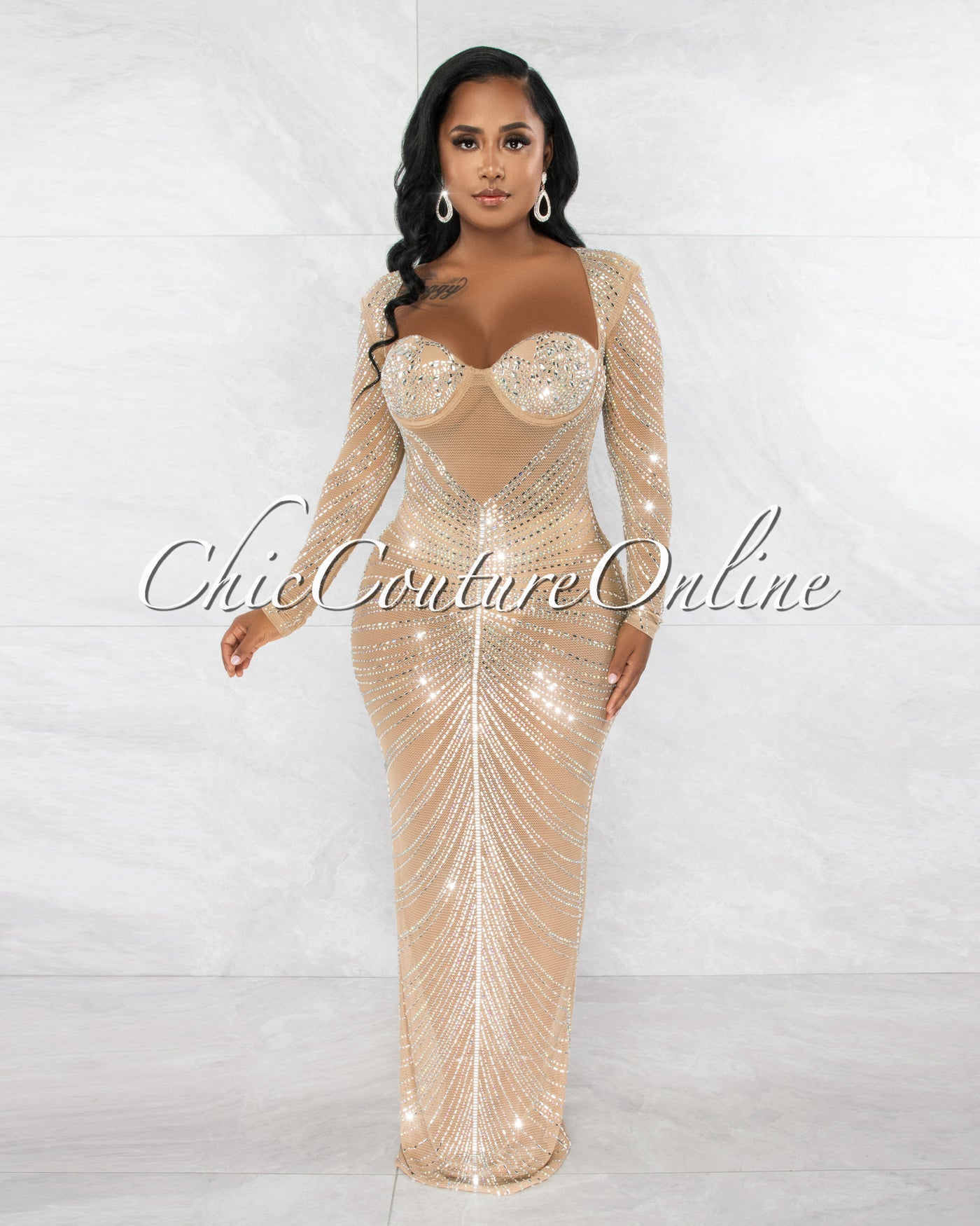 *Corlette Nude Mesh Sheer Rhinestones Long Sleeves Maxi Dress