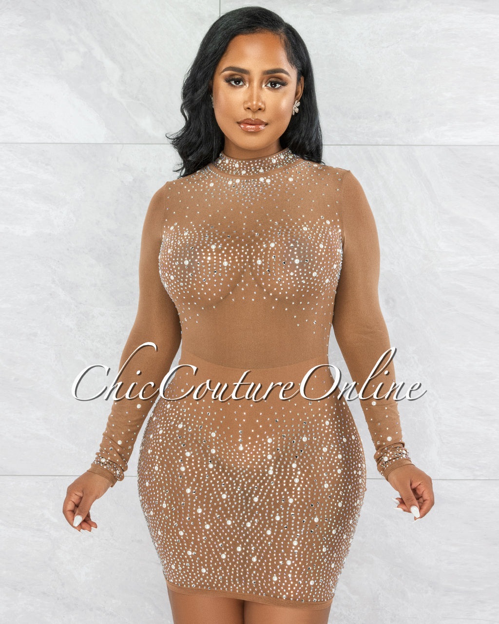 *Fedelta Mocha Silver Rhinestones & Pearls Mesh Dress