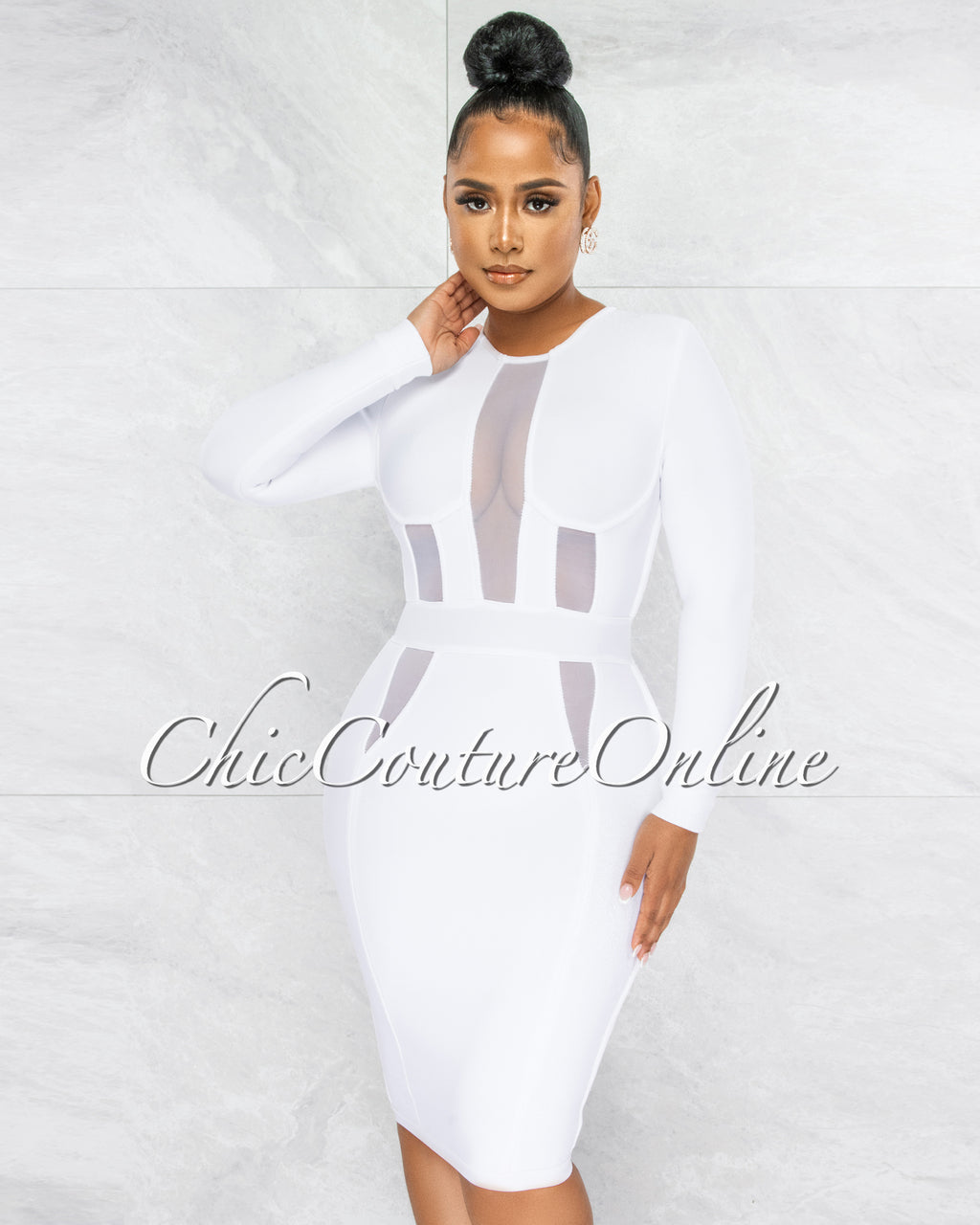 Valeda Off-White Mesh Details Bandage Midi Dress  Chic Couture Online