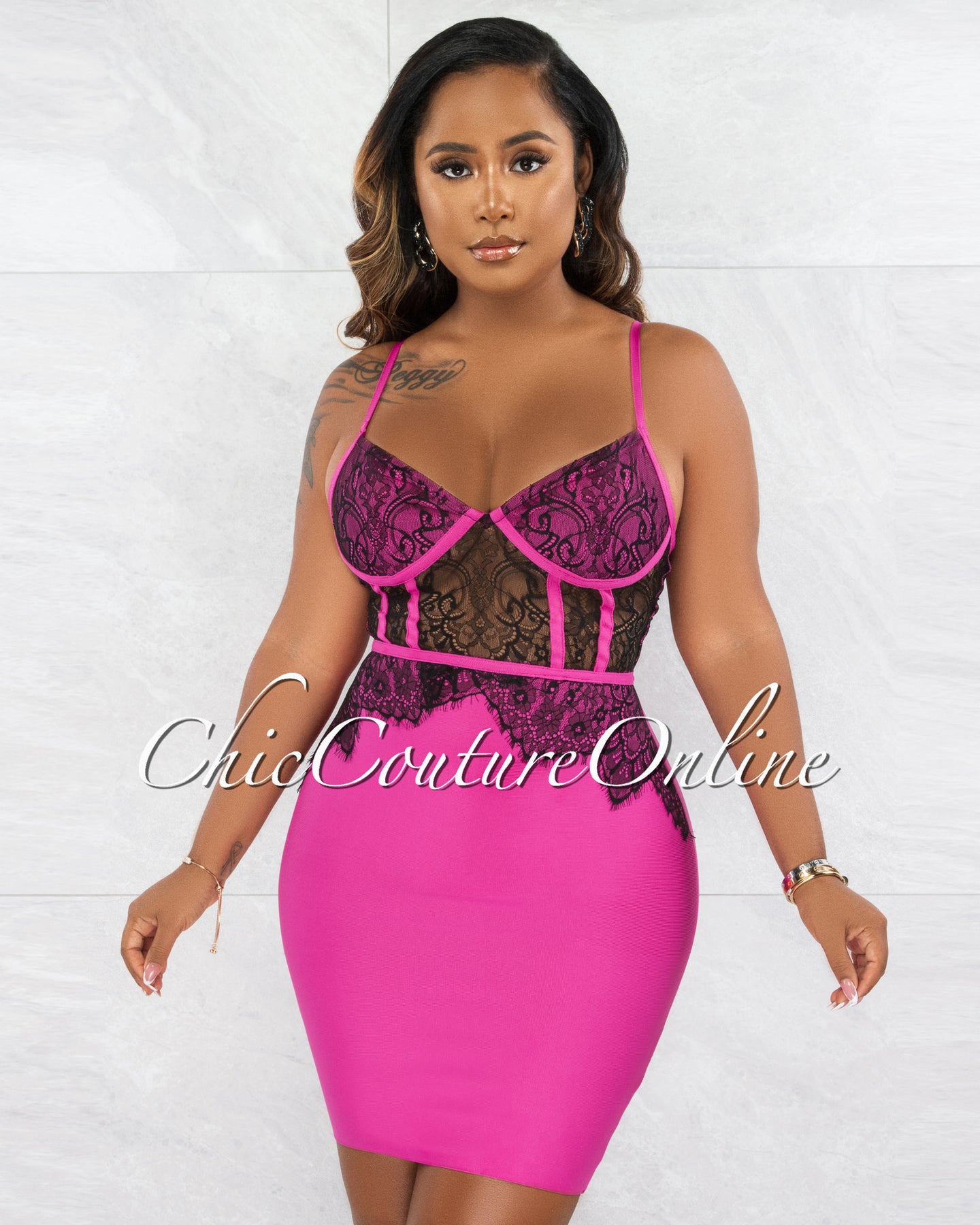*Liccy Fuchsia Black Lace Bandage Dress