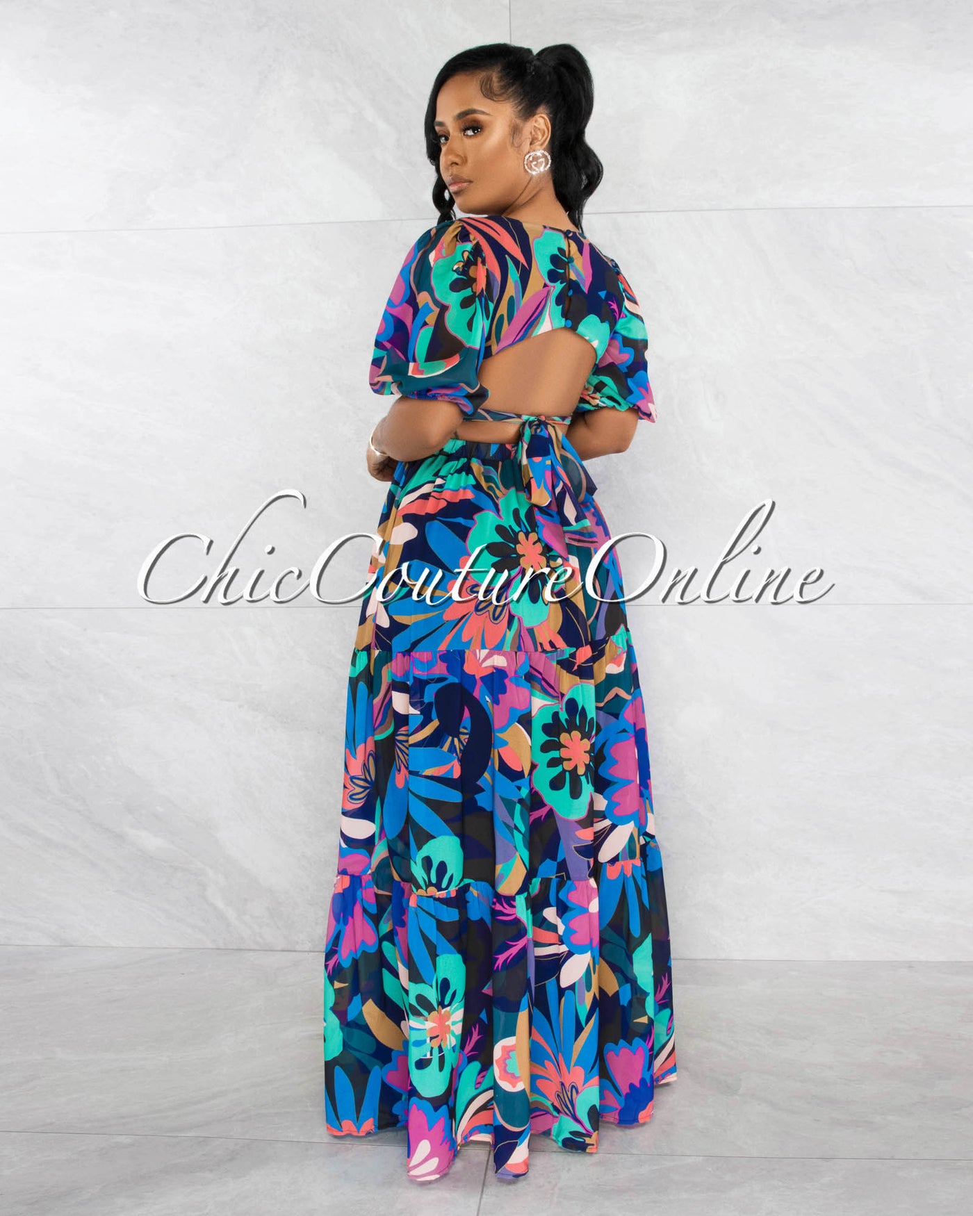 Cortez Black Multi-Color Print Waist Cut-Out Maxi Dress