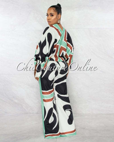 *Johnson Multi-Color Print Kimono Shirt & Wide Pants Silky Set