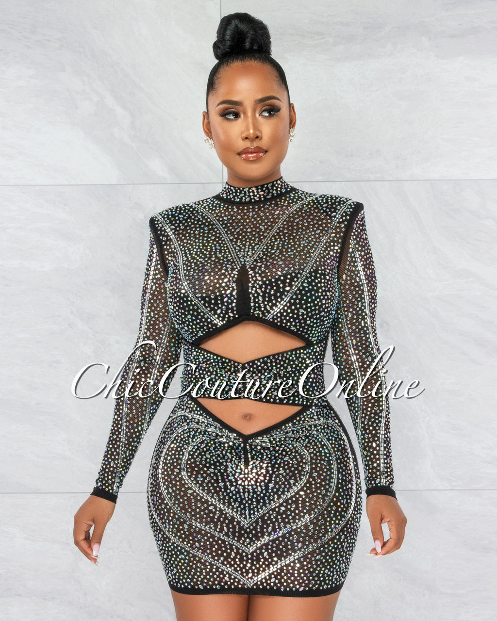 *Lavinia Black Iridescent Rhinestone Cut Out Dress