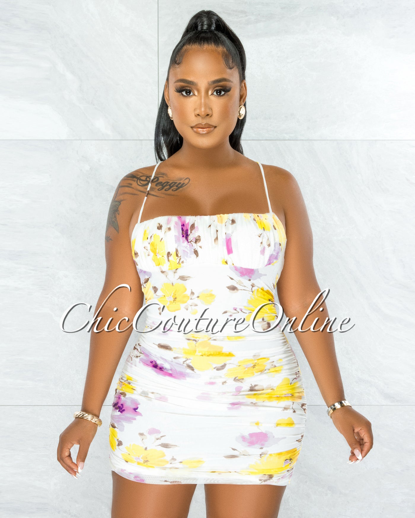 Lissie Off-White Floral Print Ruched Mini Dress