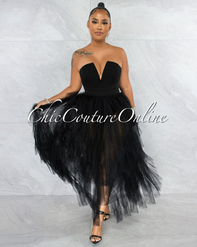 *Odalys Black Strapless Tulle Ruffle Bodysuit Dress