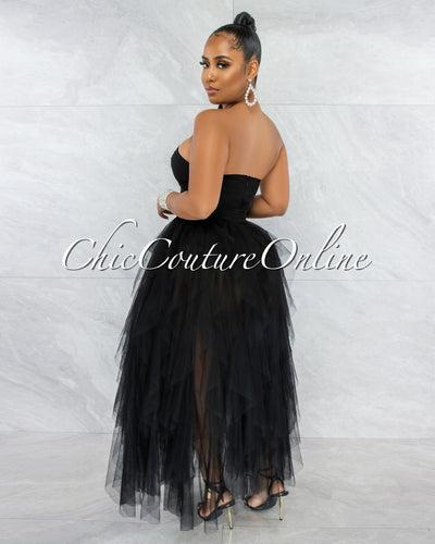 *Odalys Black Strapless Tulle Ruffle Bodysuit Dress