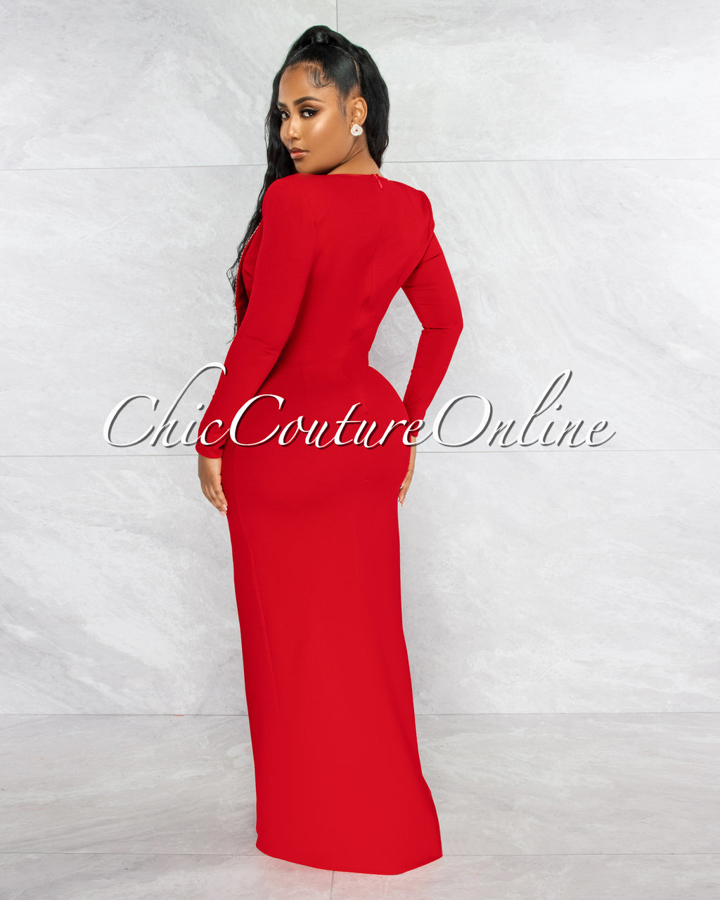 Marlinda Red Bodysuit Rhinestone Embellished Dress Set
