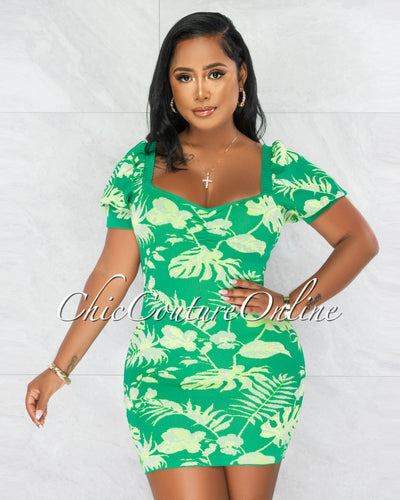 *Killeen Green Leaf Print Knit Mini Dress