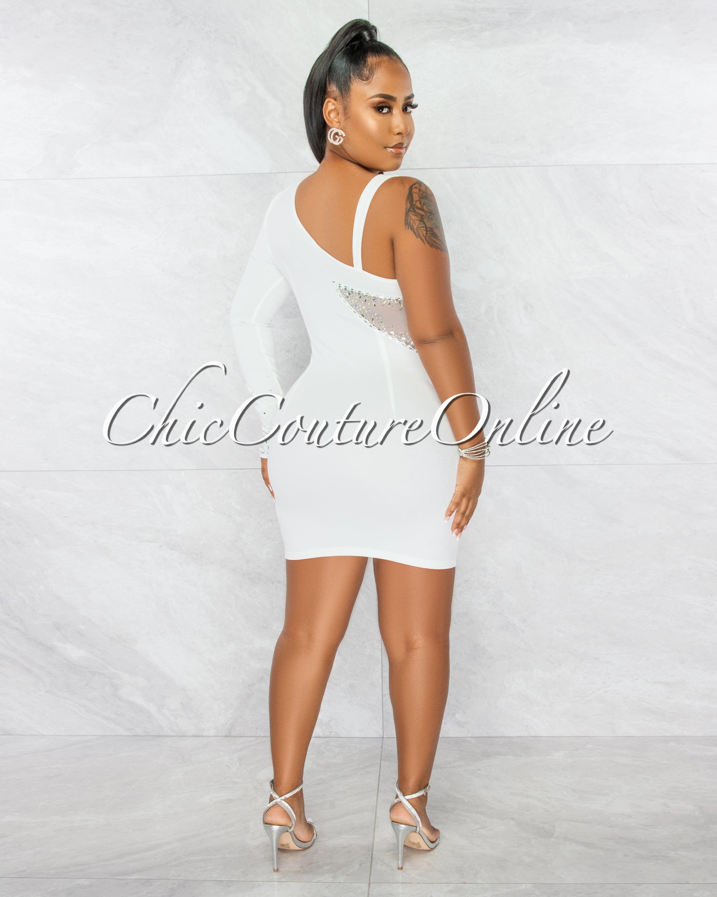 Ymara Off-White Silver Rhinestones Mesh Accent Mini Dress