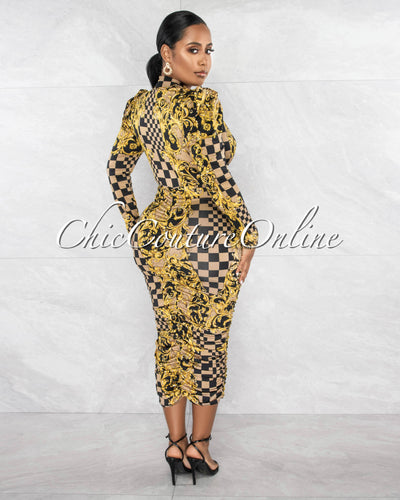 Isana Brown Gold Print Deep V-Neck Ruched Midi Dress
