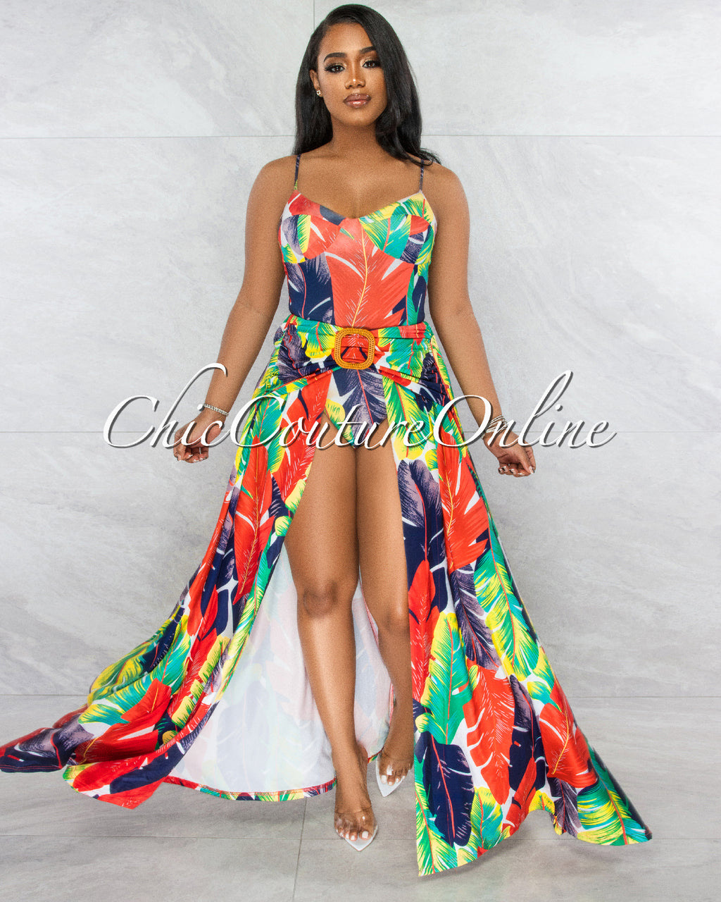 *Cray Red Green Leaf Print Wood Buckle Bodysuit Maxi Skirt Set