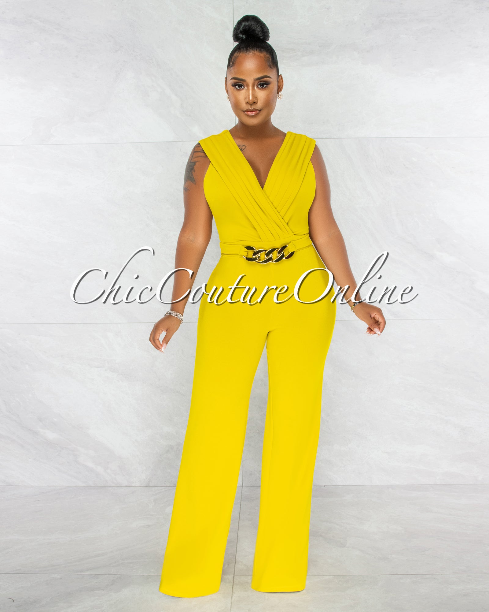 *Aimee Lime Pleated Bust Gold Link Jumpsuit