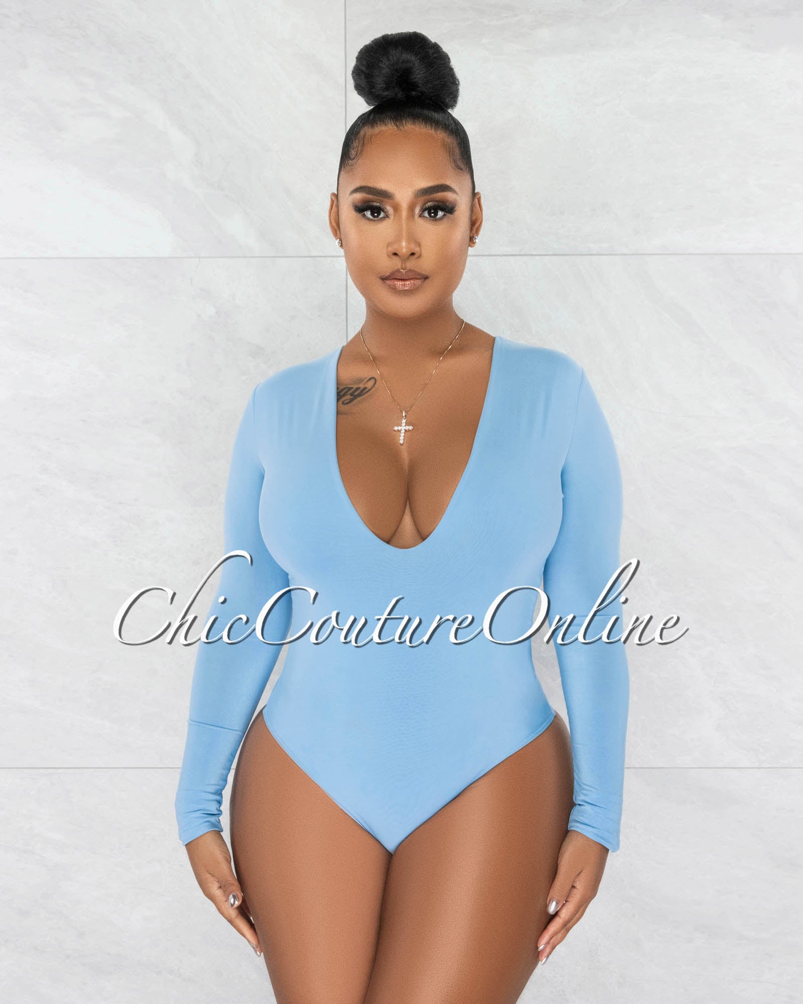 *Nilam Baby Blue Deep V Neck Long Sleeves Bodysuit