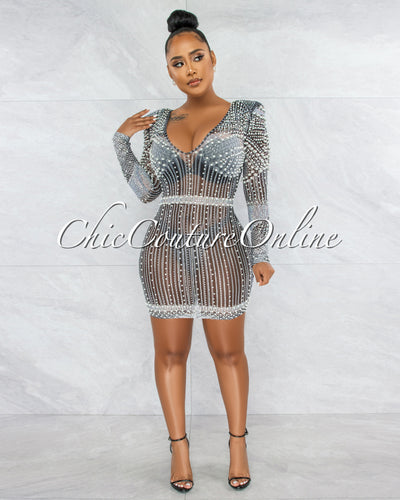 *Rodriga Black Pearl Rhinestones Sheer Mini Dress