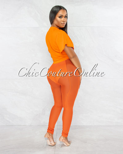 Cherie Orange Tie Crop Top & Mesh Leggings Set