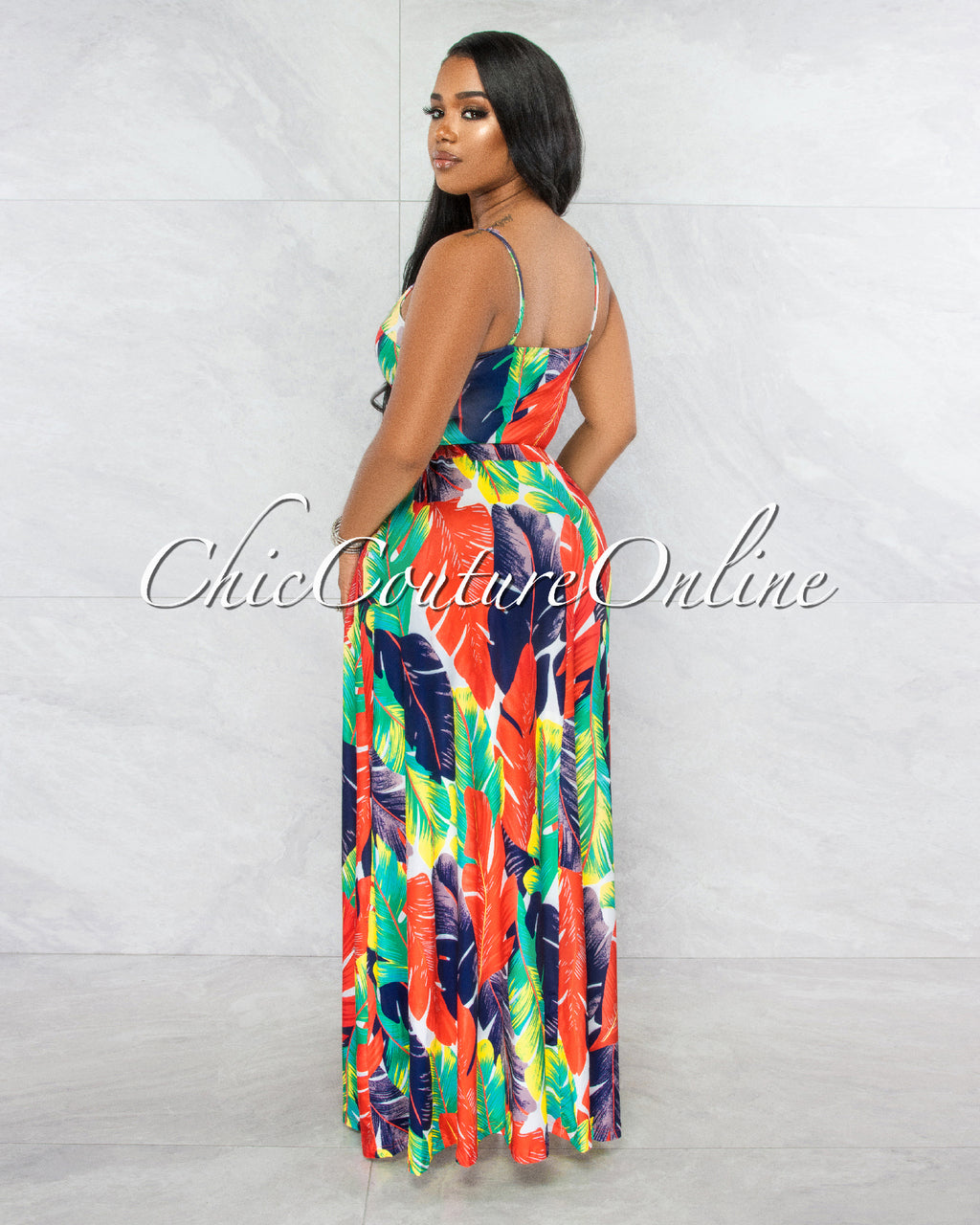 *Cray Red Green Leaf Print Wood Buckle Bodysuit Maxi Skirt Set