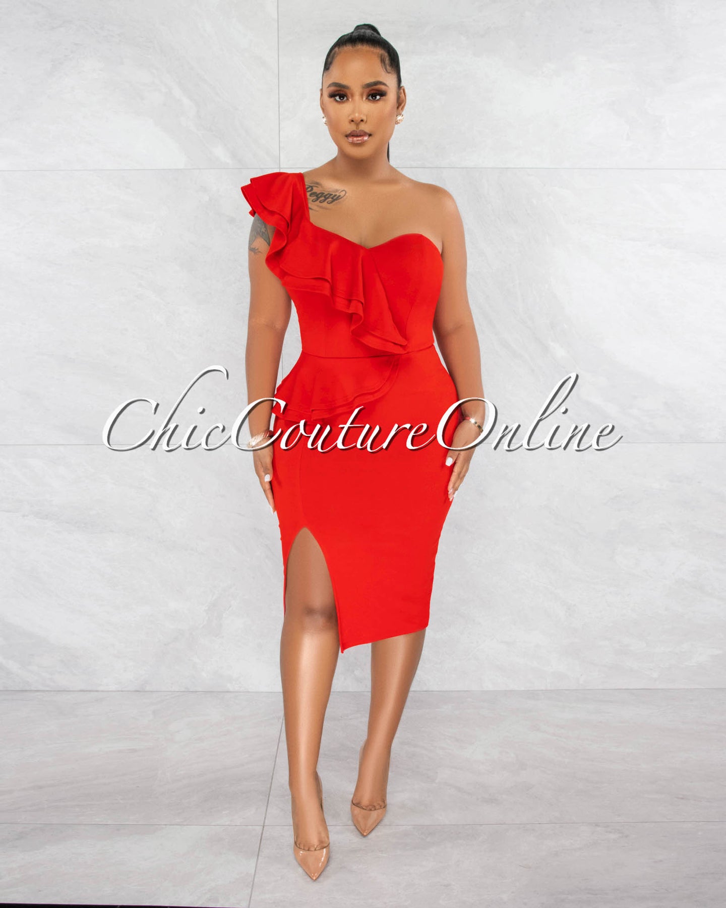 Corin Red Single Shoulder Ruffle Midi Dress – Chic Couture Online