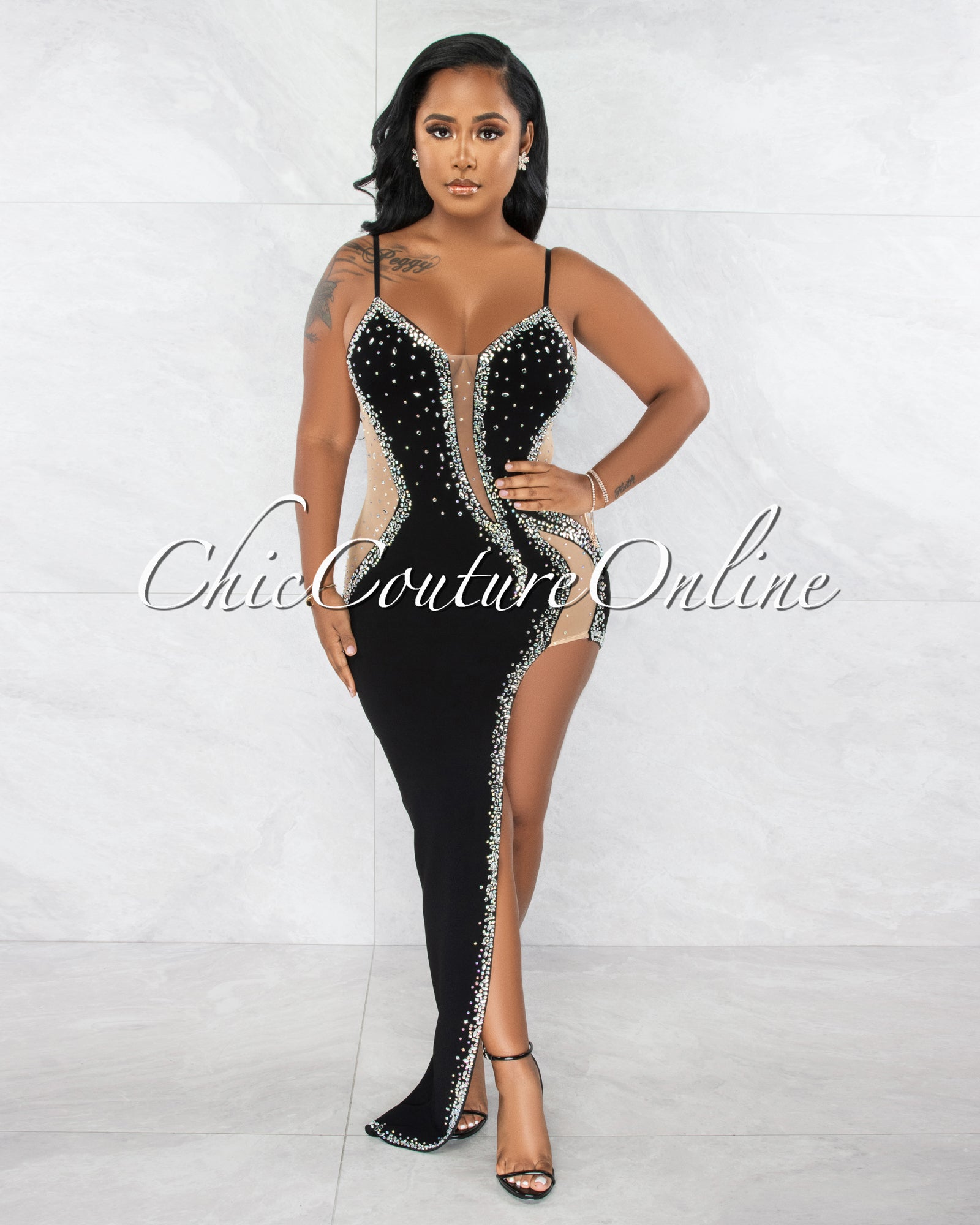 *Selene Black Nude Mesh Rhinestones Décor Side Slit Maxi Dress