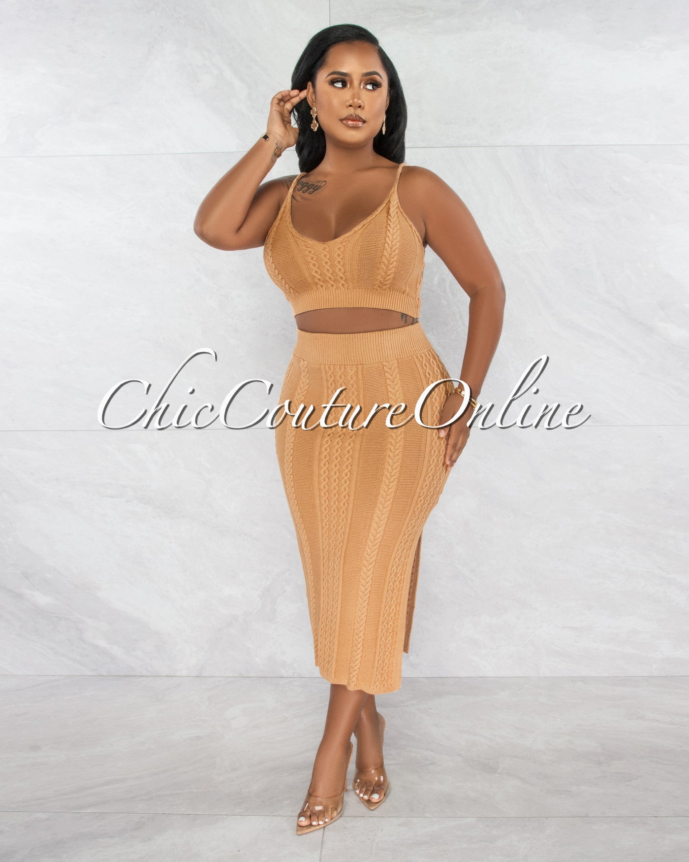 Panna Camel Cable Knit Midi Skirt Set