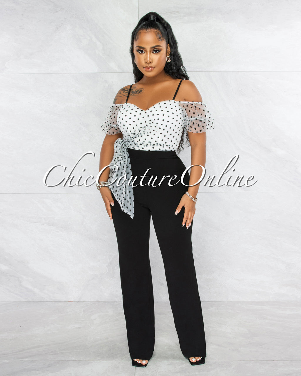 Barina White Black Polka Dots Tulle Bow Jumpsuit