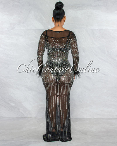 *Karibe Black Mesh Rhinestones Feather Long Sleeves Maxi Dress