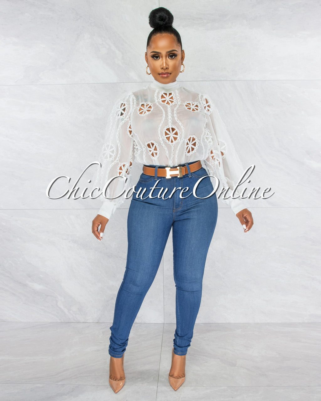 Sikina Off-White Sheer Embroidery Bodysuit