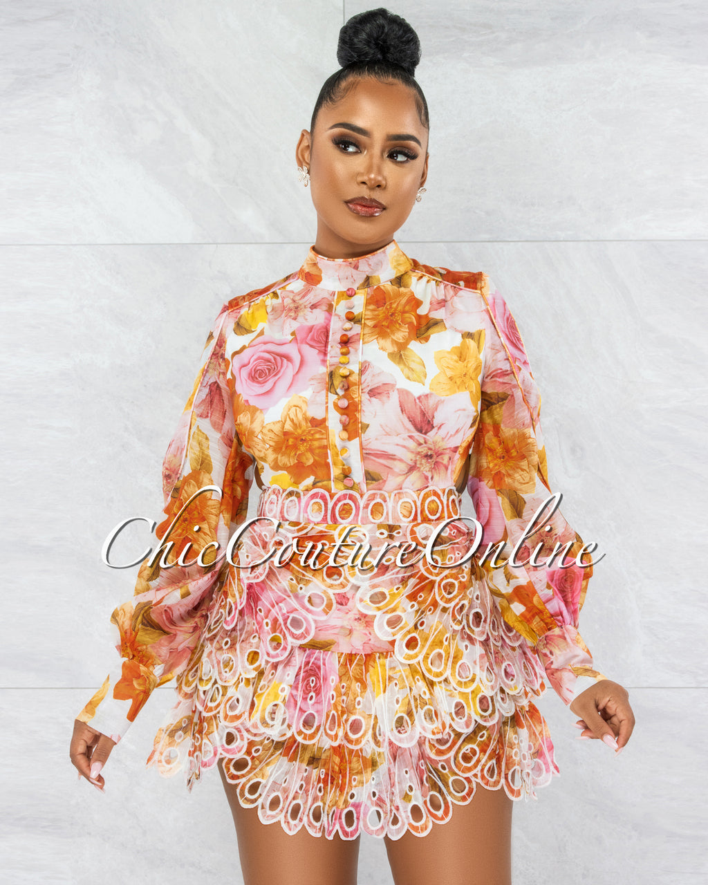 Helen Orange Pink Floral Embroidery Ultra Mini Bodysuit Dress