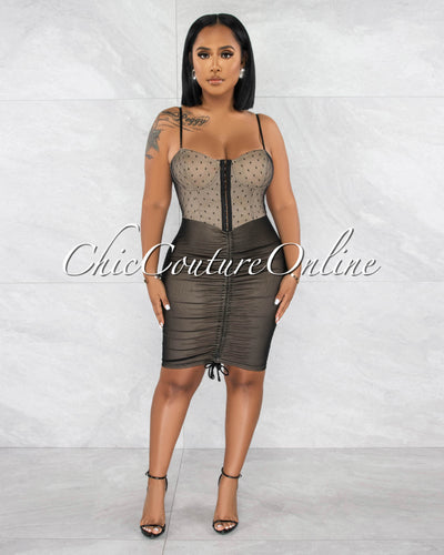 *Kyla Nude Illusion Black Mesh Polka Dots Ruched Dress