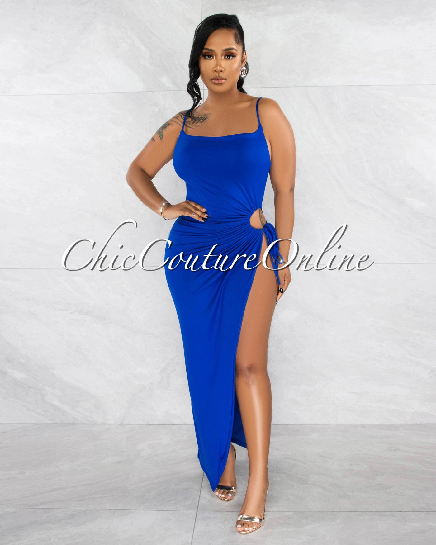 Siyana Royal Blue Cut-Out Side Slit Double Lined Maxi Dress