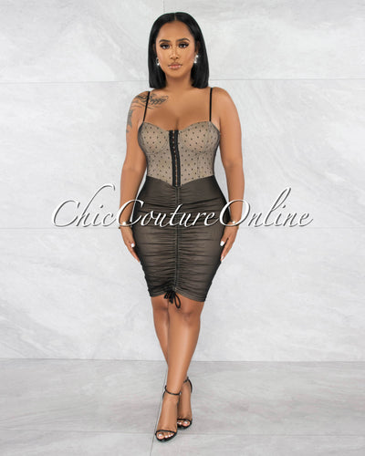 *Kyla Nude Illusion Black Mesh Polka Dots Ruched Dress