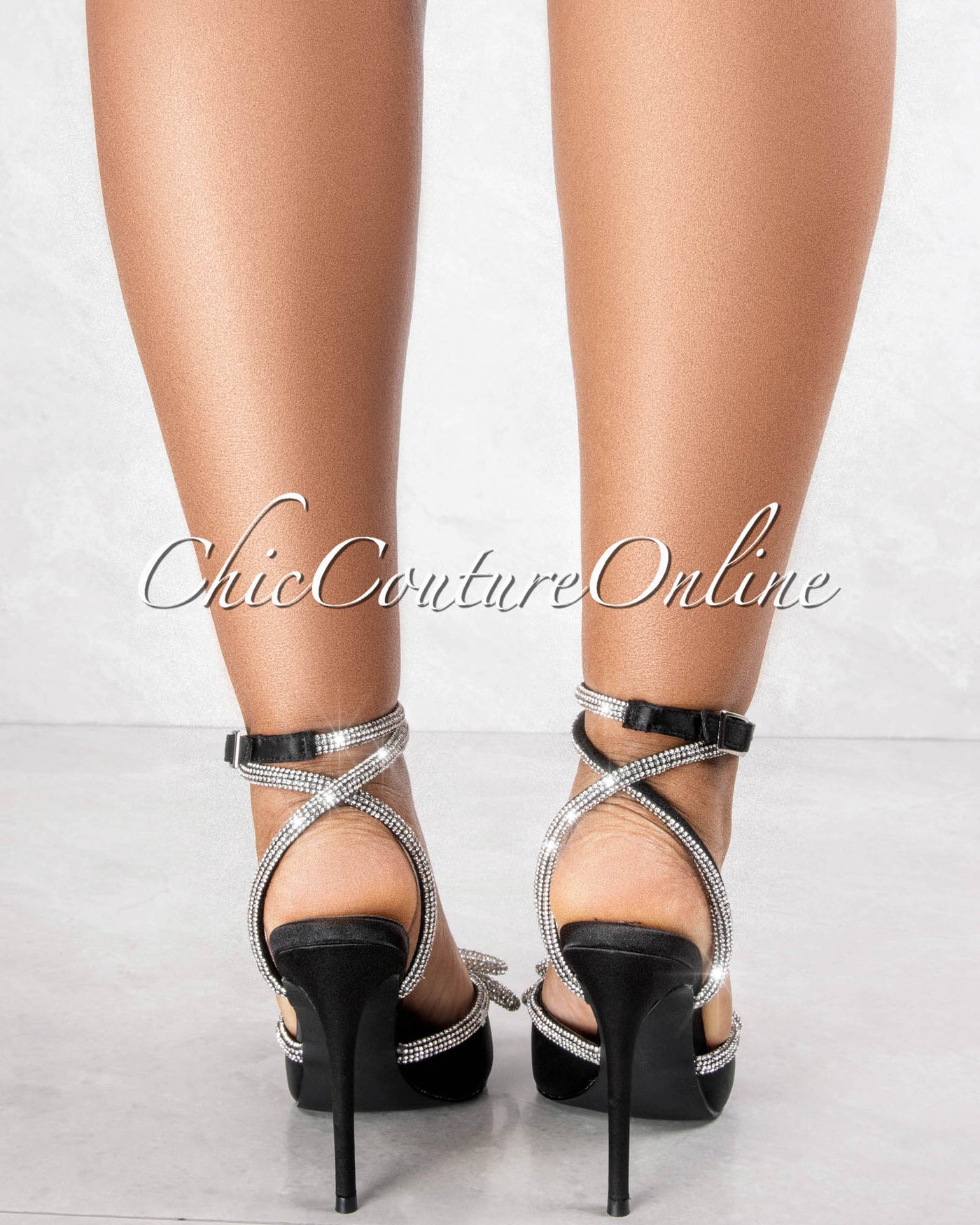 *Vitto Black Silky & Silver Rhinestones Bow Pumps