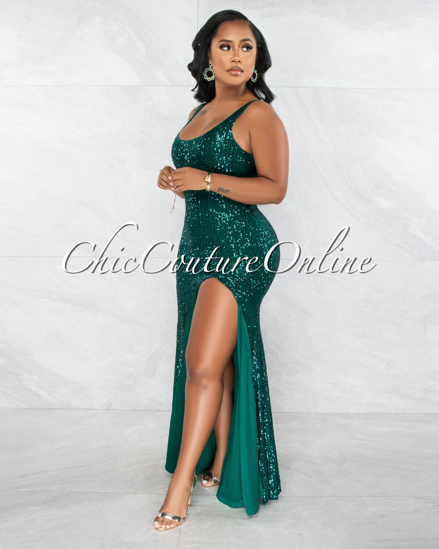 Vivenzio Hunter Green Sequins Slit Maxi Dress