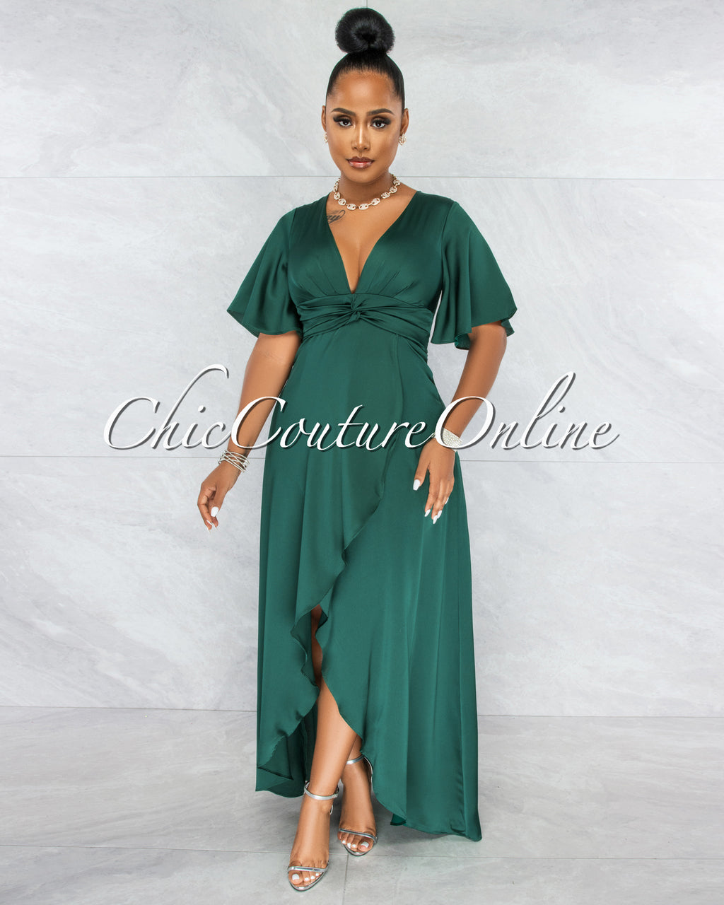 *Jesimiel Hunter Green Drape Dramatic High-Low Slit Dress
