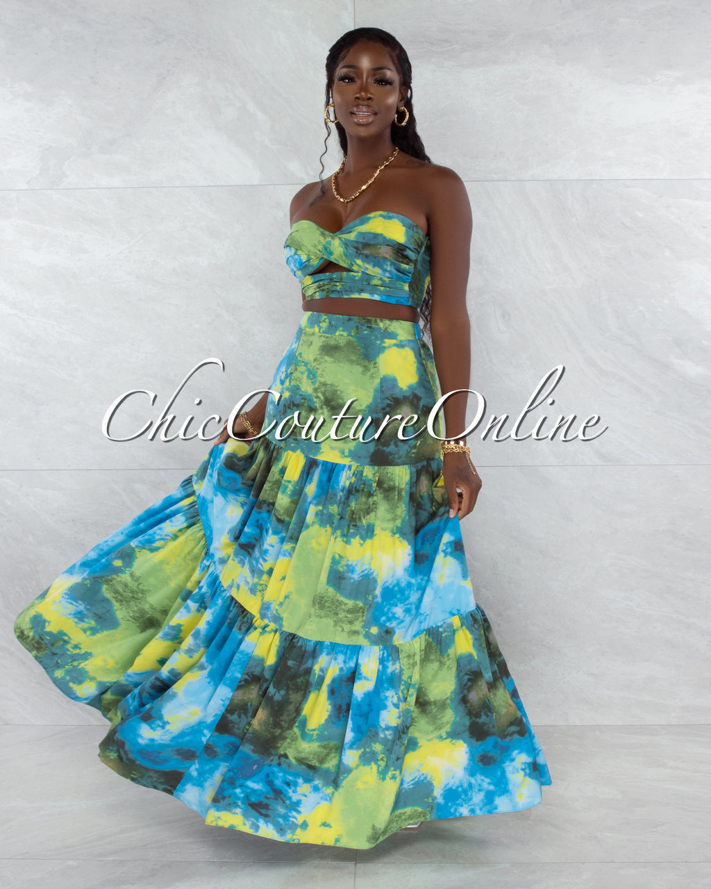 *Utah Green Blue Print Print Crop Top & Maxi Skirt Set