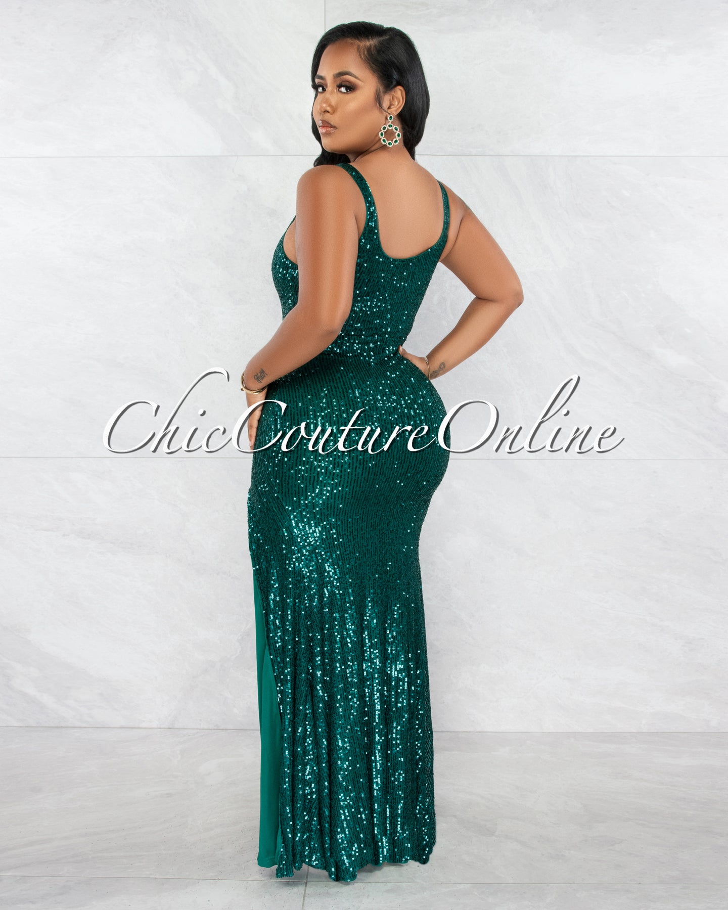 Vivenzio Hunter Green Sequins Slit Maxi Dress – Chic Couture Online