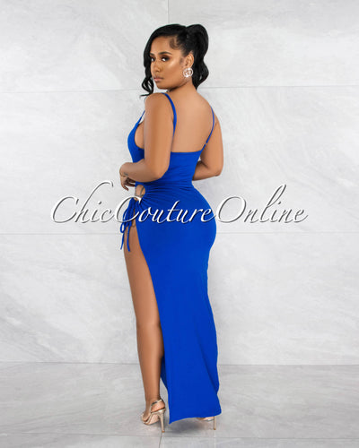 Siyana Royal Blue Cut-Out Side Slit Double Lined Maxi Dress