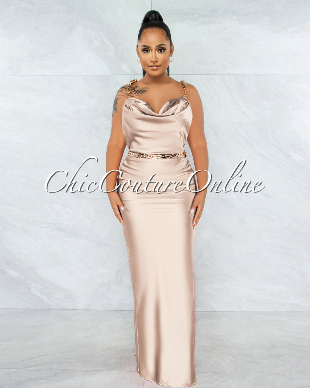 *Crane Champagne Gold Link Straps Satin Back Slit Maxi Dress