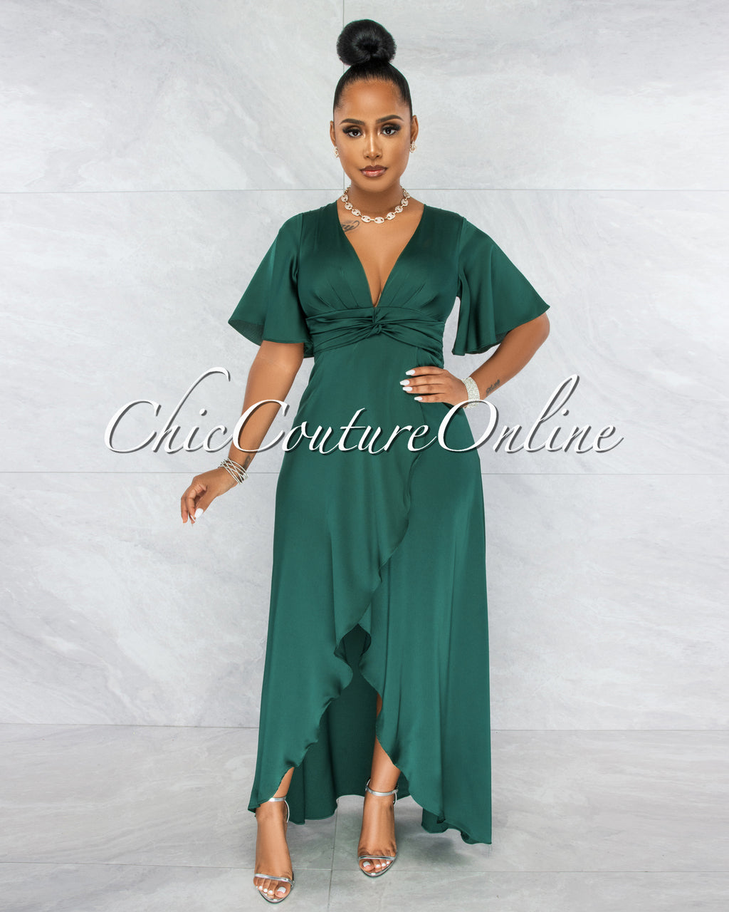 *Jesimiel Hunter Green Drape Dramatic High-Low Slit Dress