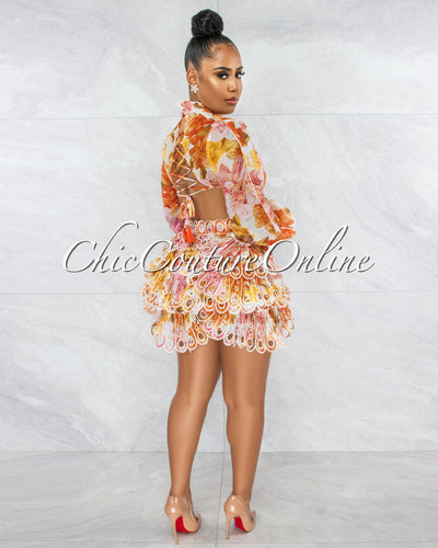 Helen Orange Pink Floral Embroidery Ultra Mini Bodysuit Dress