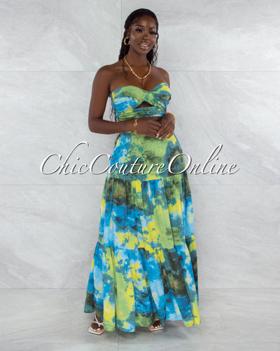 *Utah Green Blue Print Print Crop Top & Maxi Skirt Set