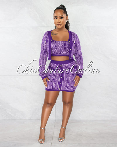 Samah Purple Fret Print Jacket - Crop Top & Skirt 3 Piece Set